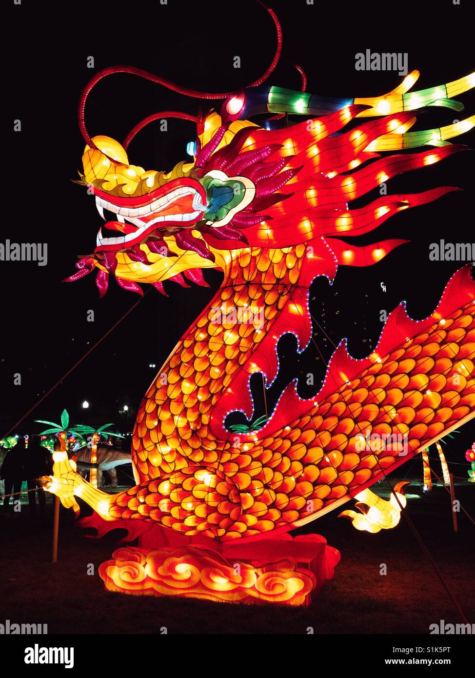 Glowing soft sculpture of the dragon at Festival of Lights in Spokane Stock Photo