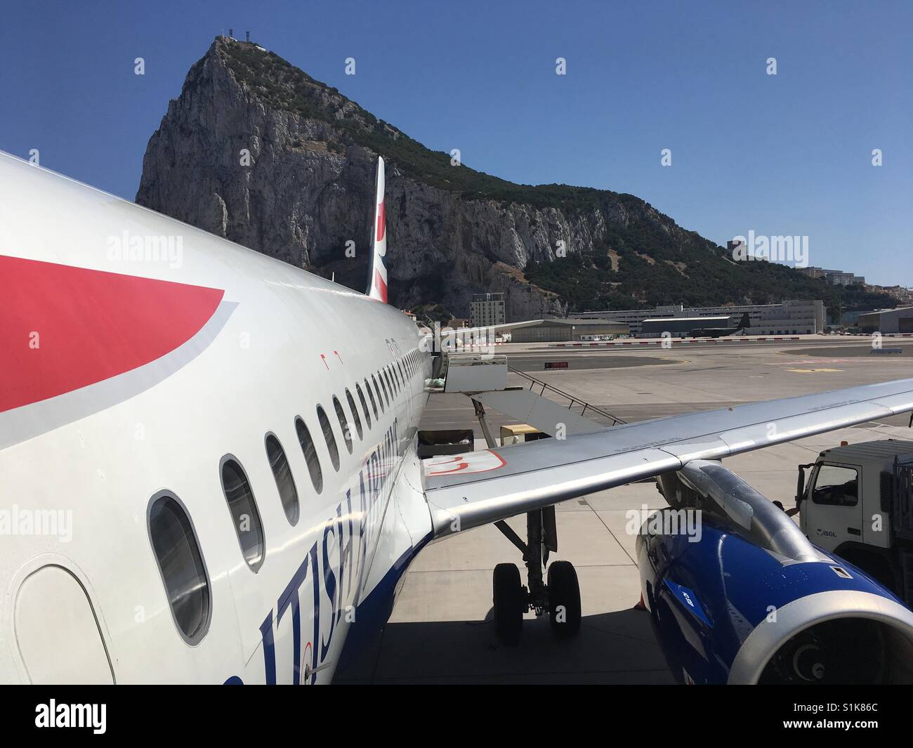 British Airways A320 at Gibraltar airport with the rock in the background Stock Photo
