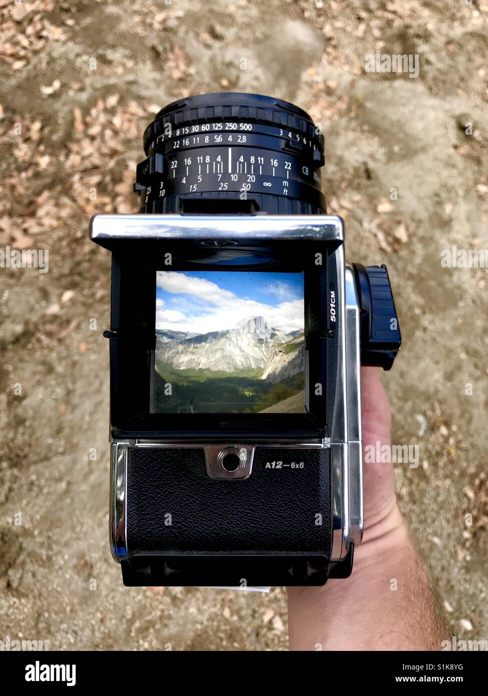 Half dome through the view finder of a medium format  hasselblad medium format camera. Half Dome, Yosemite national park, California USA. Stock Photo