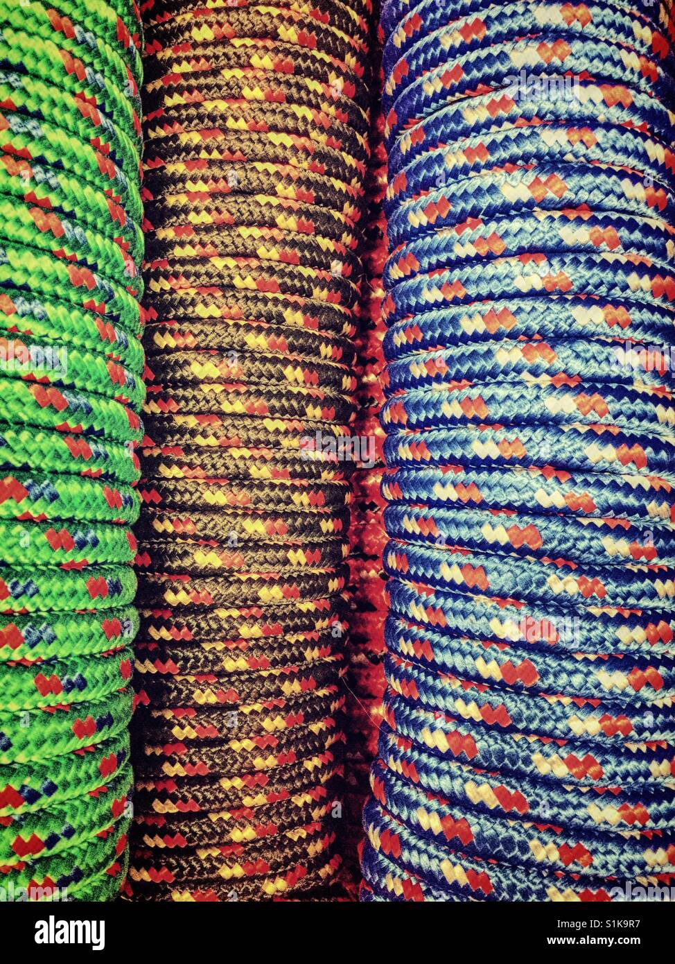 Coils of colorful rope in display at Home Depot, USA Stock Photo