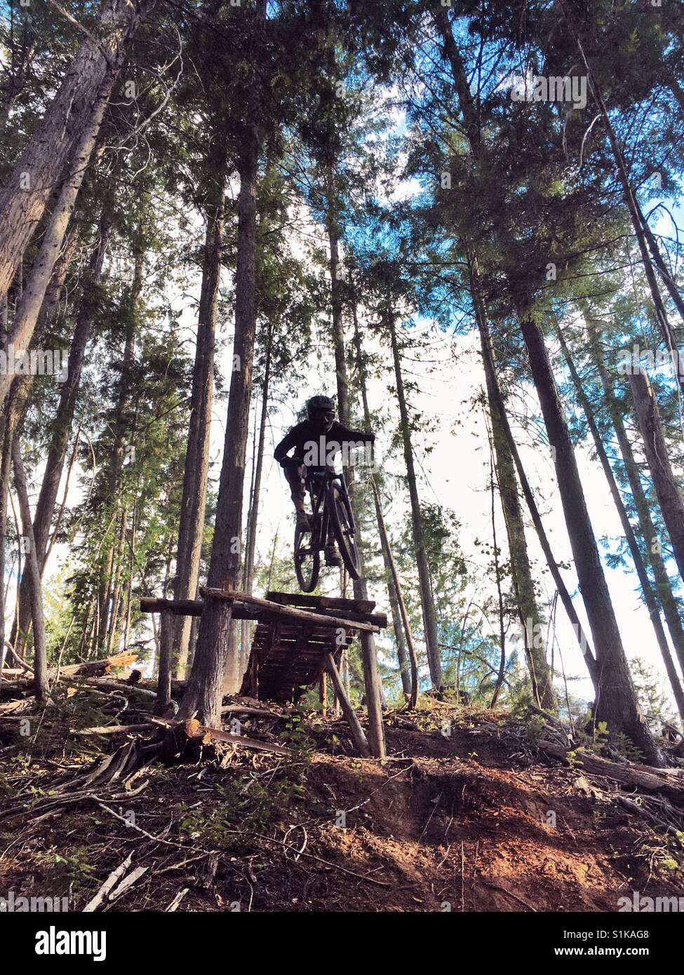 A mountain biker jumps down a large drop in Nelson, British Columbia, Canada. Stock Photo