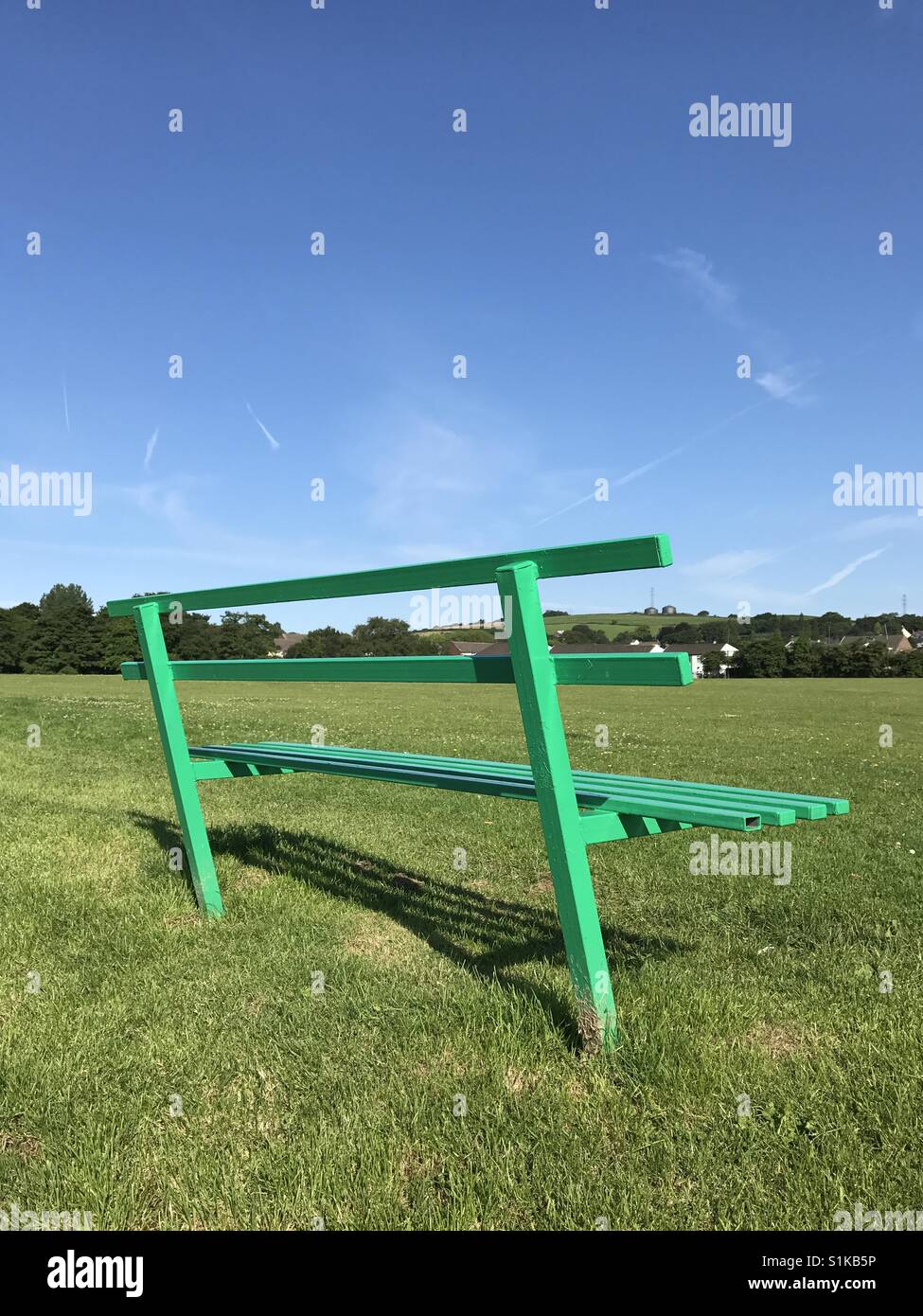 Empty green bench in a public park with a cricket pitch (upright format) Stock Photo