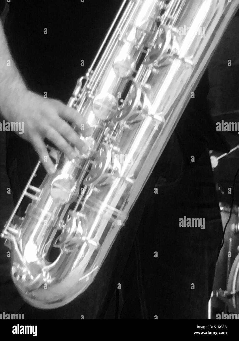 Baritone saxophone closeup black & white Stock Photo