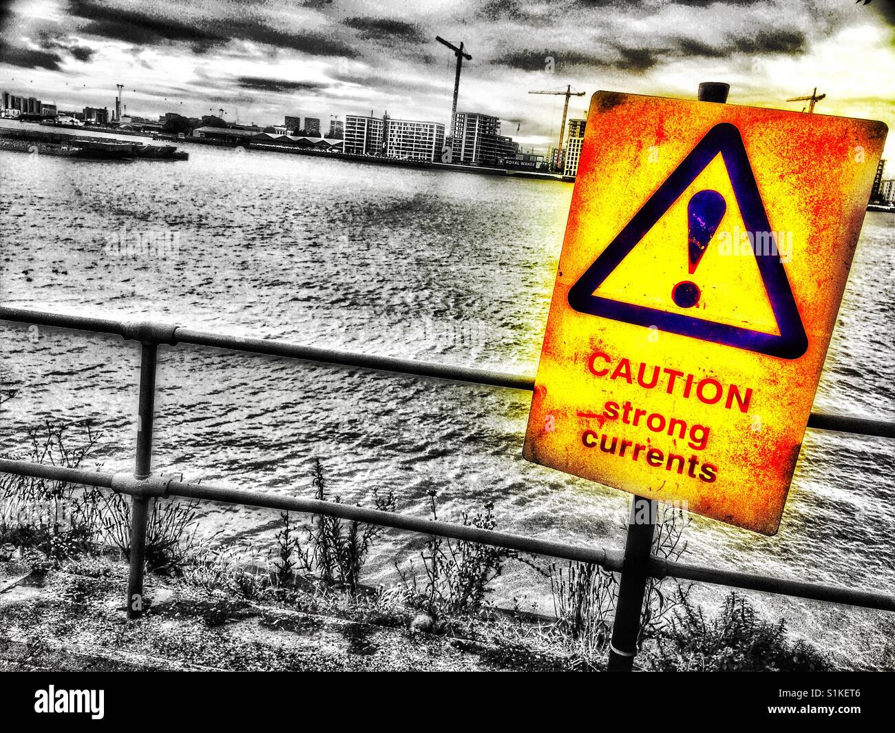 Strong currents sign by river Thames., London, England - Smartphone Captured Stock Image