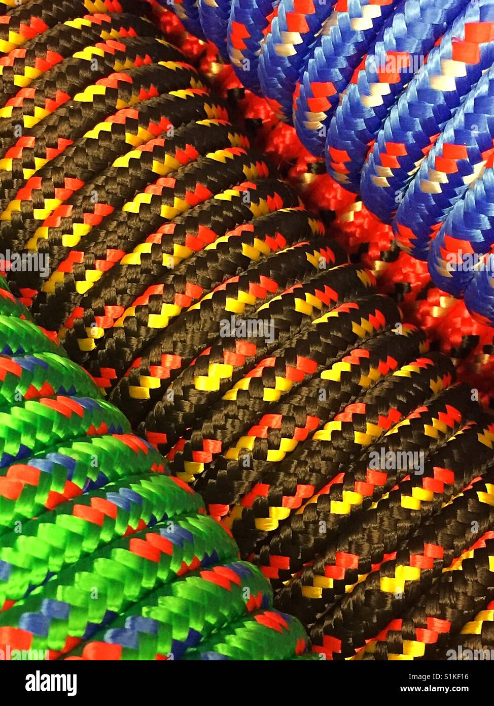 Coils of colorful rope in Home Depot display, USA - Smartphone Captured Stock Image