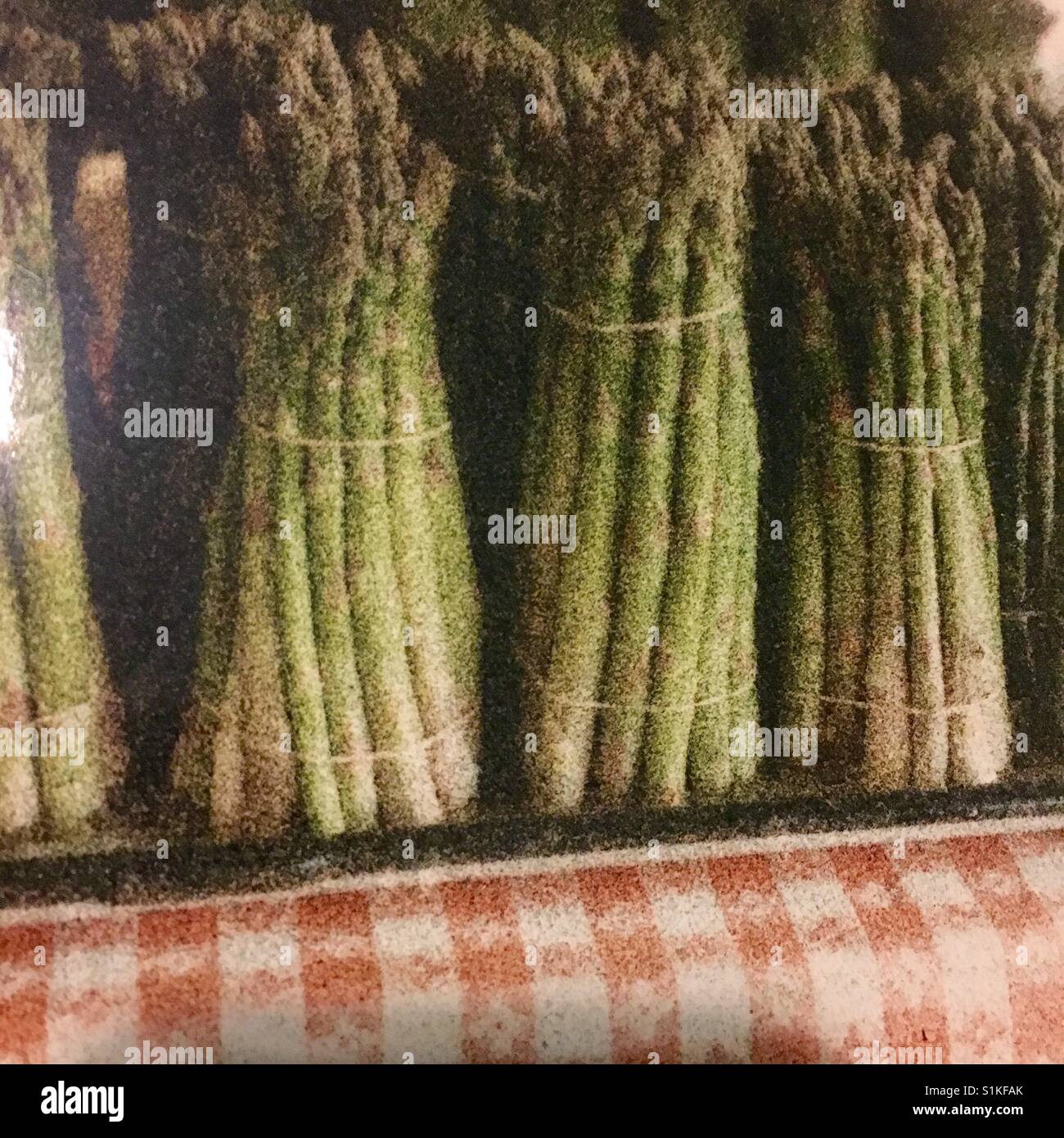 Pointillist photo shows graininess of asparagus at farm market in Maine