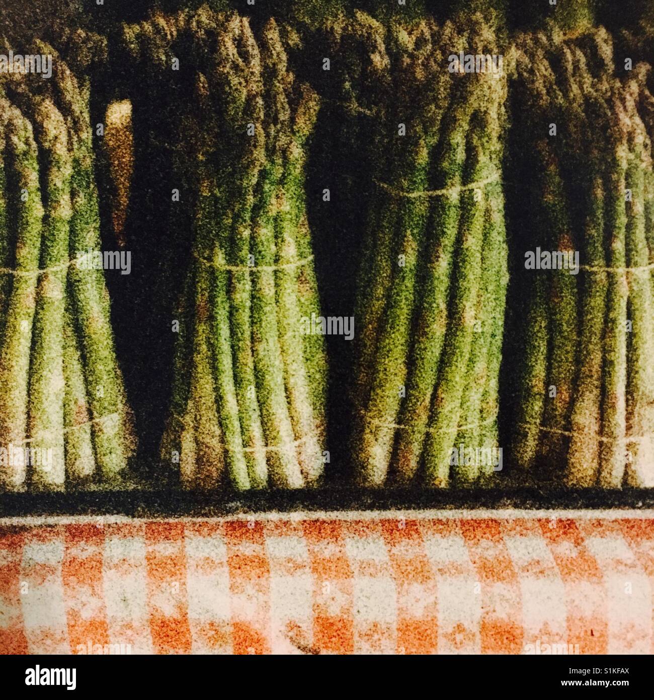 Asparagus stalks on red and white table cloth at Maine farm stand Stock Photo