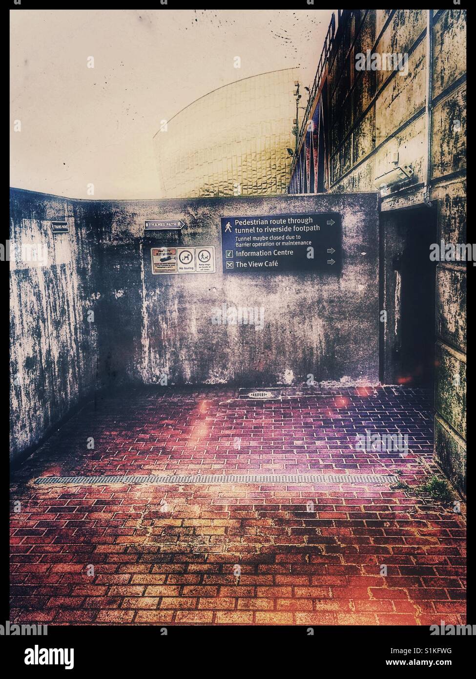 Thames path walkway at the Thames Barrier, Woolwich, London, England - Smartphone Captured Stock Image