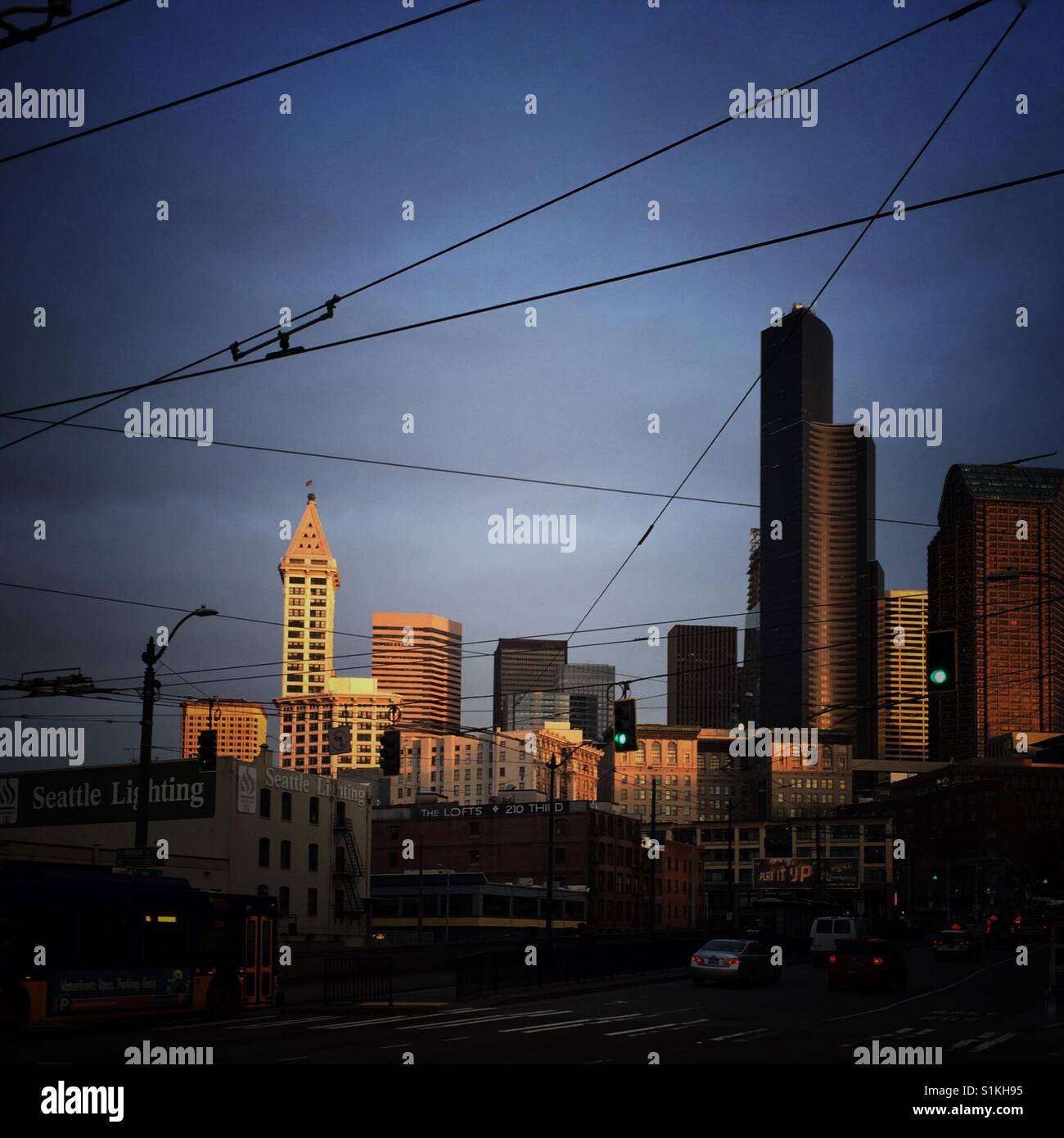 Smith tower and Columbia tower in downtown Seattle at sunset - Smartphone Captured Stock Image