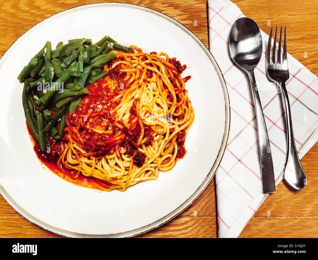 Spaghetti Bolognese With French Green Beans Stock Photo Alamy