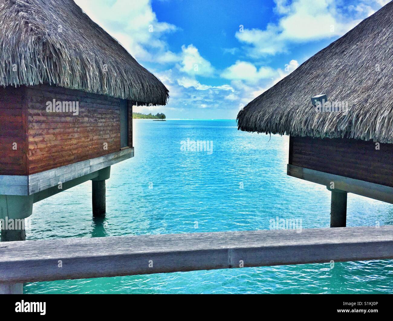 Overwater bungalows in Bora Bora, French Polynesia Stock Photo