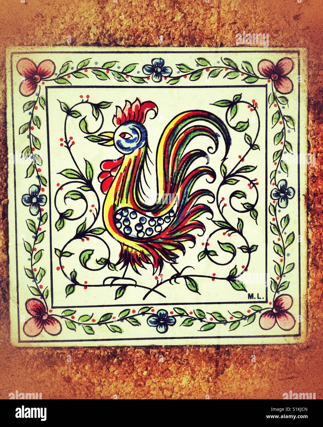 Iconic Portuguese rooster mosaic tile. Stock Photo