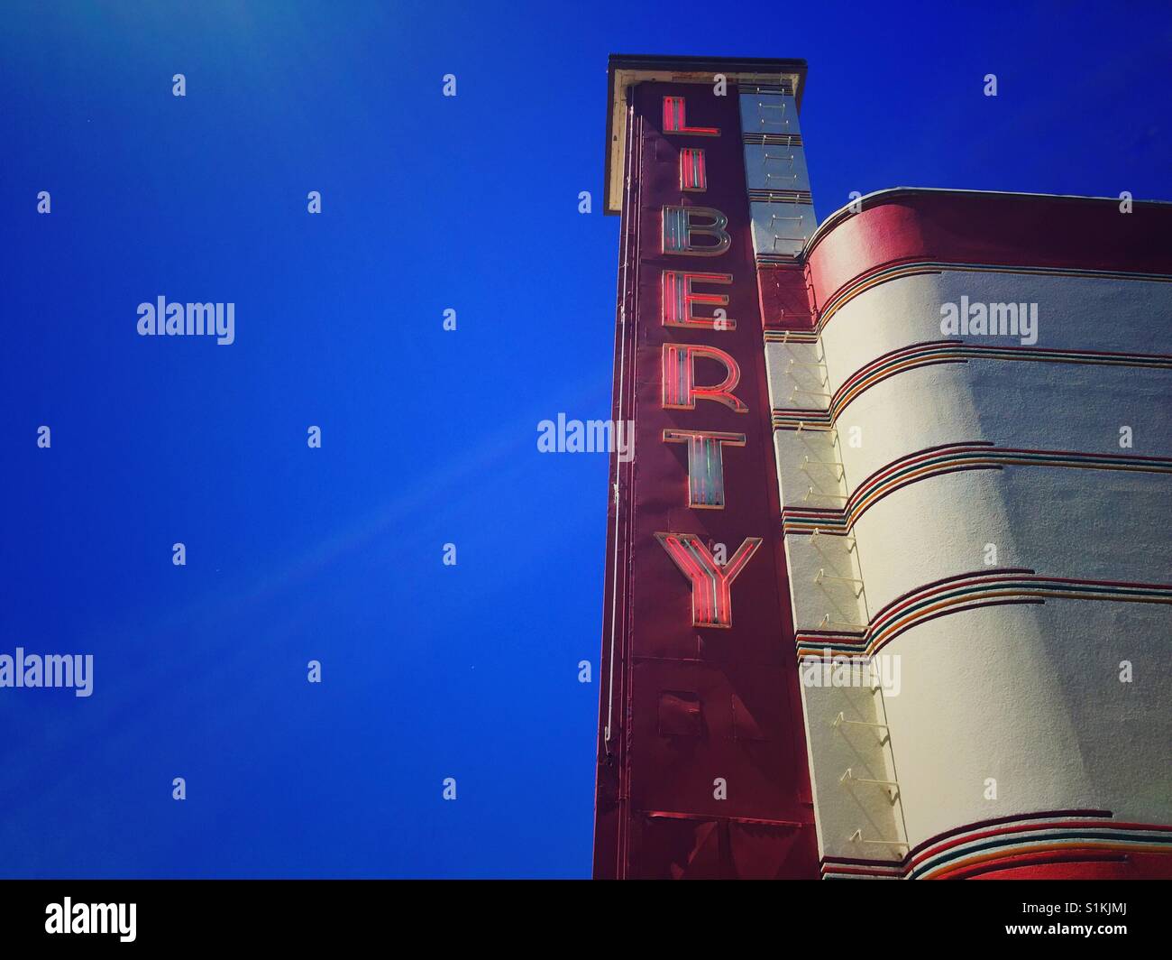 Neon sign  Liberty on an art deco style building in Ellensburg, WA Stock Photo