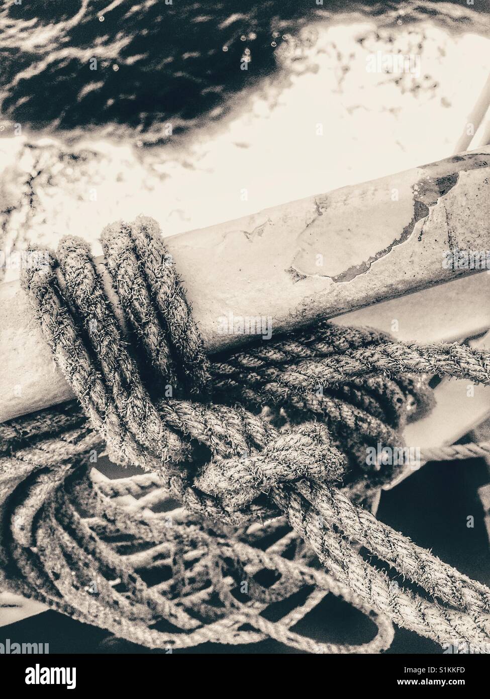 Rope tied to ships rail - Smartphone Captured Stock Image