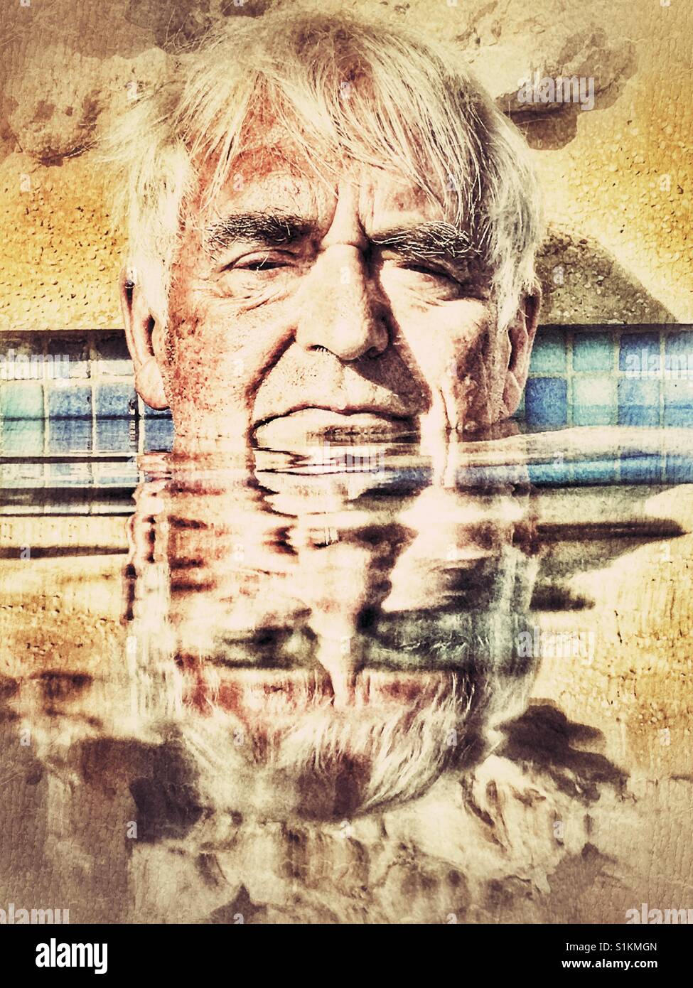 Senior man, keeping cool in a swimming pool on a hot summer day - Smartphone Captured Stock Image