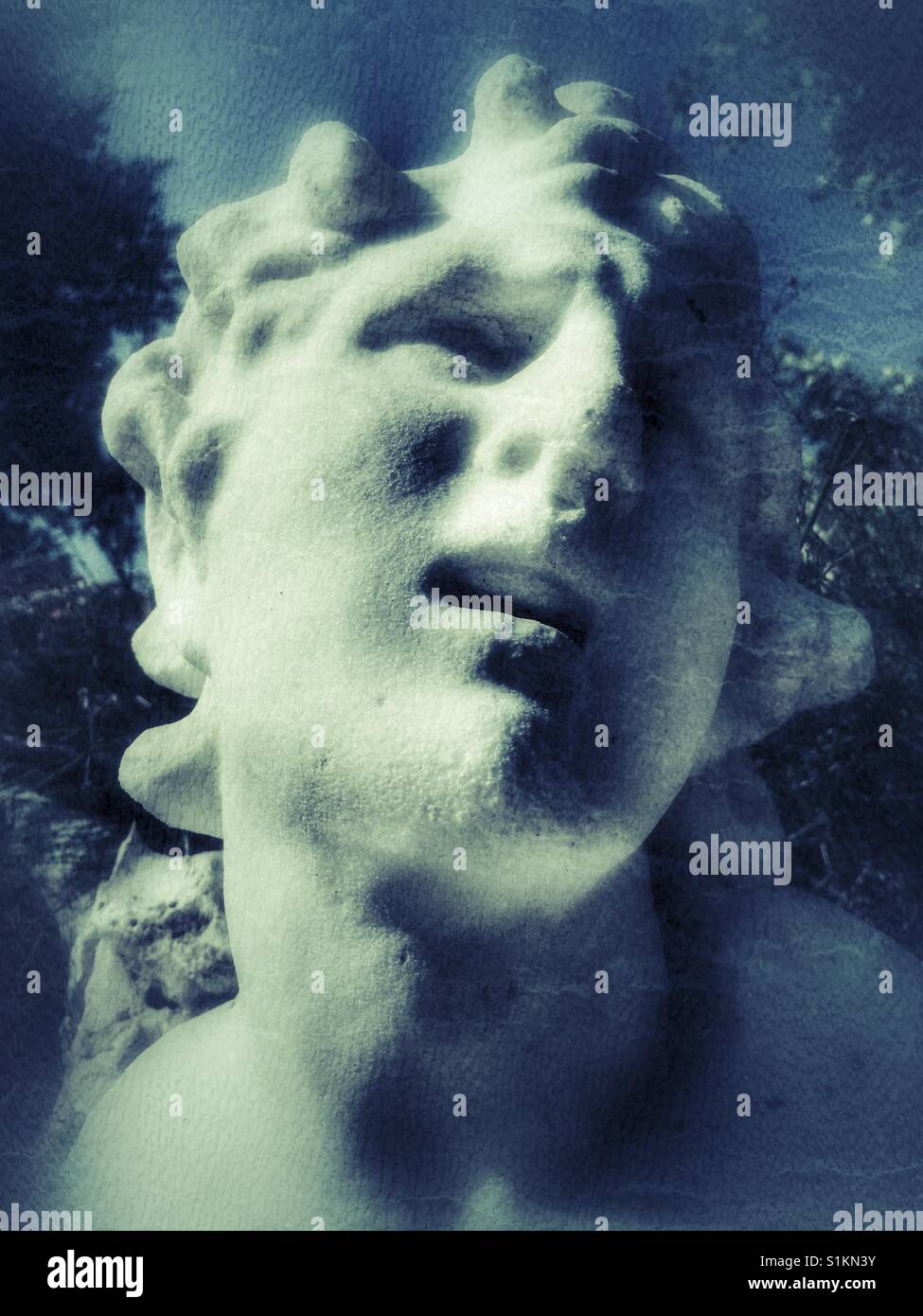 Carved ancient stone bust of a man, set into a modern poolside rockery - Smartphone Captured Stock Image