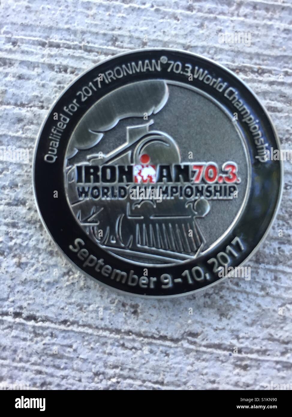 Qualification coin for Ironman 70.3 World Triathlon Championship in Chattanooga TN Stock Photo