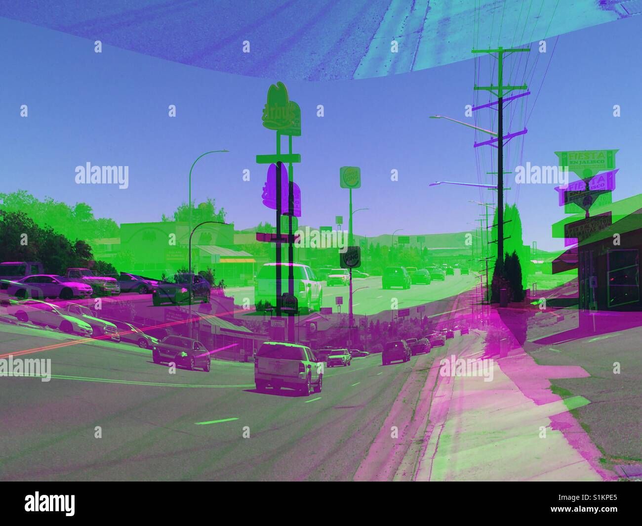 Strip mall in the middle of nowhere America glitch processing - Smartphone Captured Stock Image