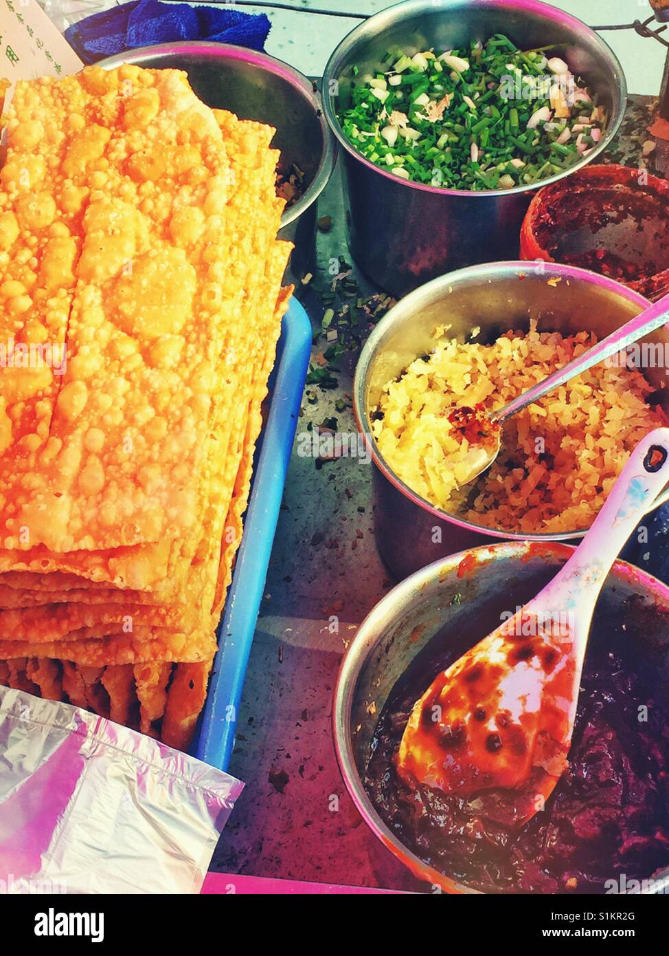 Ingredients used by a street vendor as a filling to egg pancakes. - Smartphone Captured Stock Image