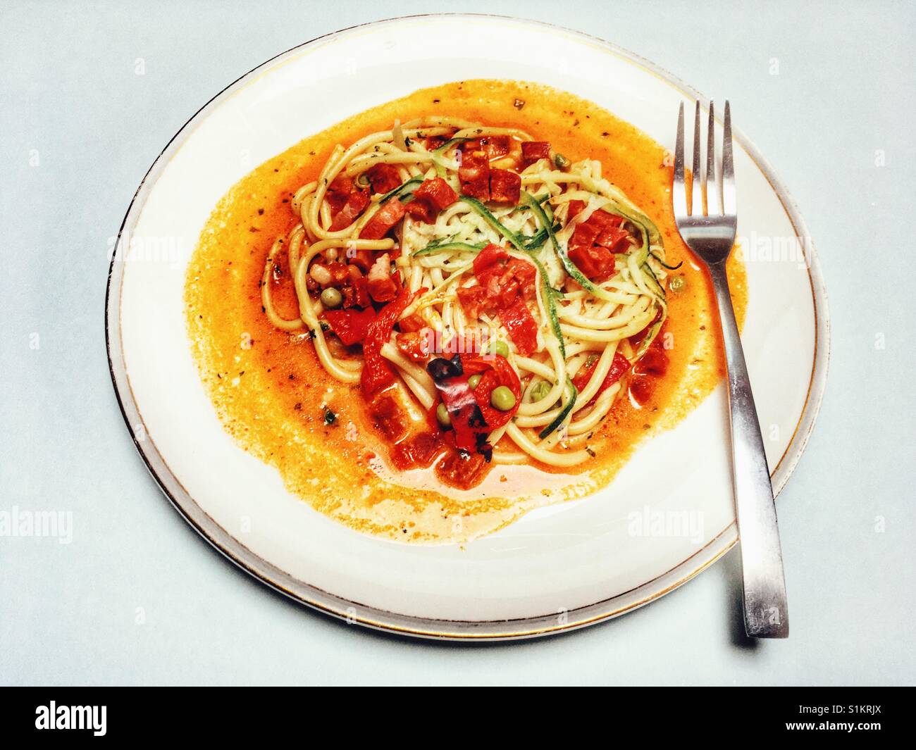 Waitrose 1 Chorizo Bucatini ready meal - Smartphone Captured Stock Image