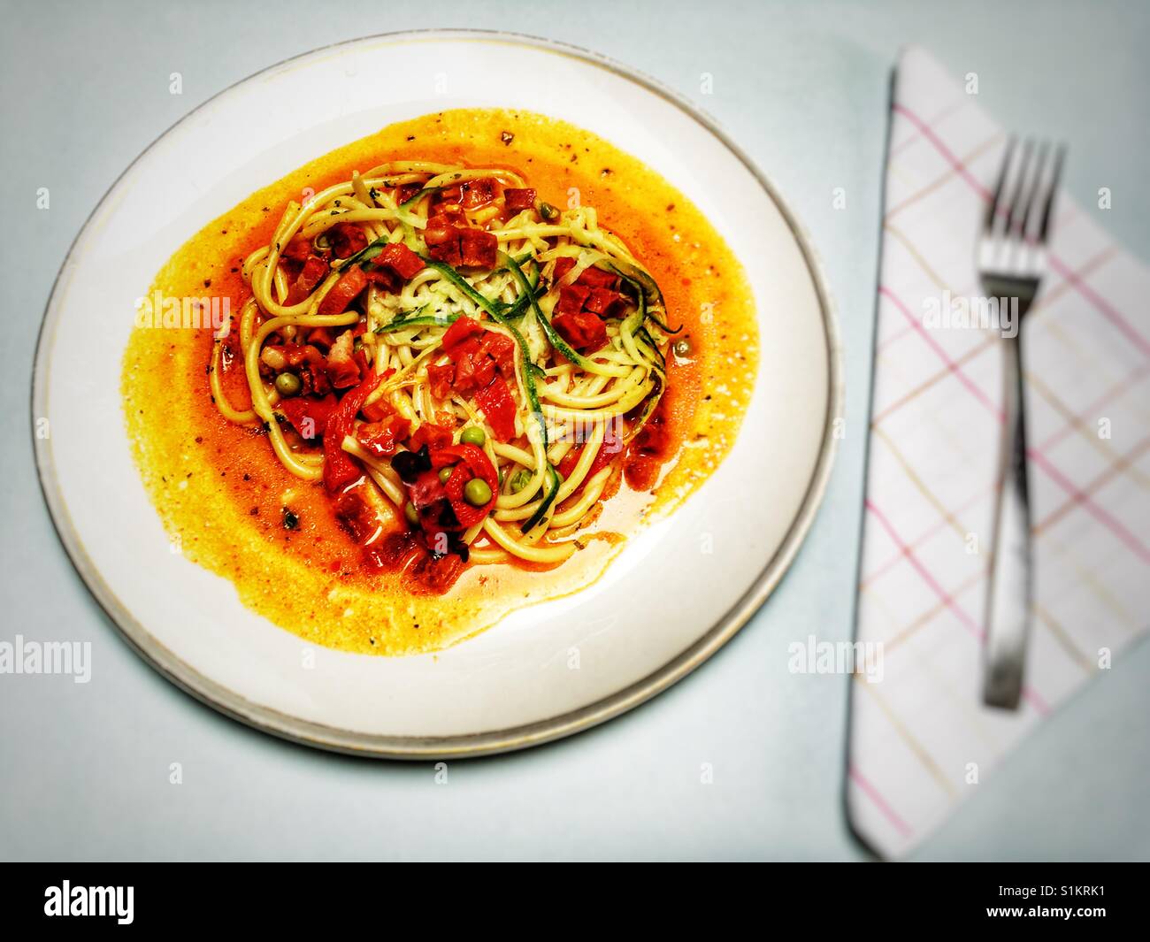 Waitrose 1 chorizo Bucatini ready meal - Smartphone Captured Stock Image