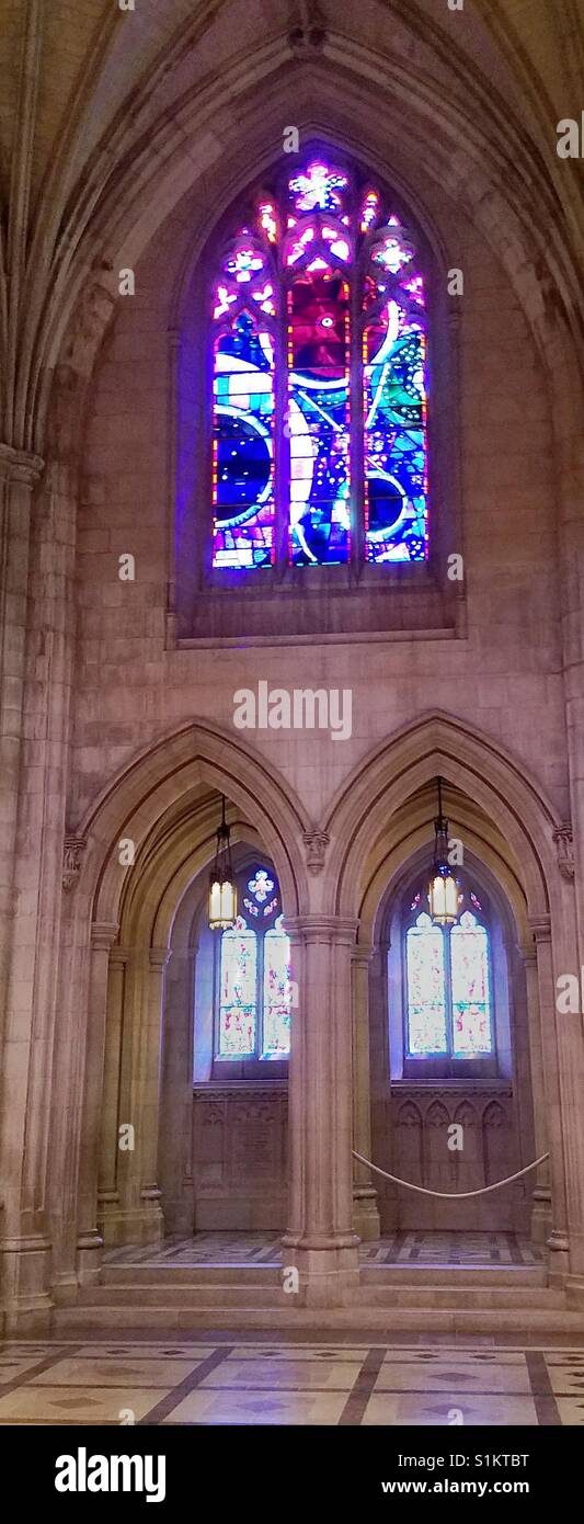 Washington National Cathedral Moon Window. Moon rock in stained glass. Actual piece of the moon, presented to the church by Apollo 11 astronauts, embedded in stained glass. Washington DC. Stock Photo