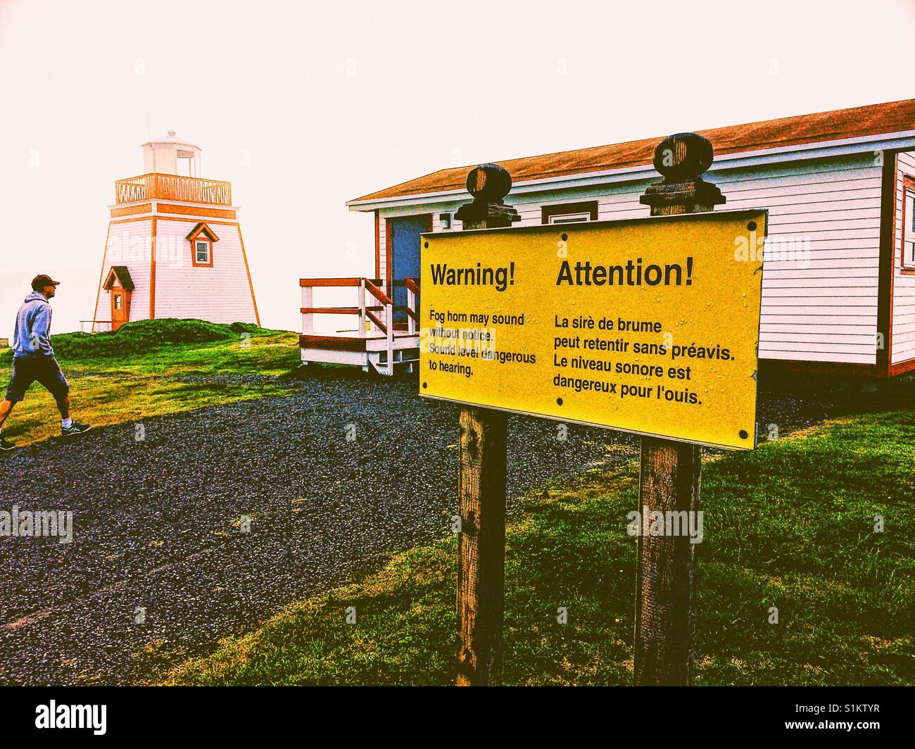 Fog horn warning sign at Fishing Point Lighthouse, St Anthony, Newfoundland, Canada - Smartphone Captured Stock Image