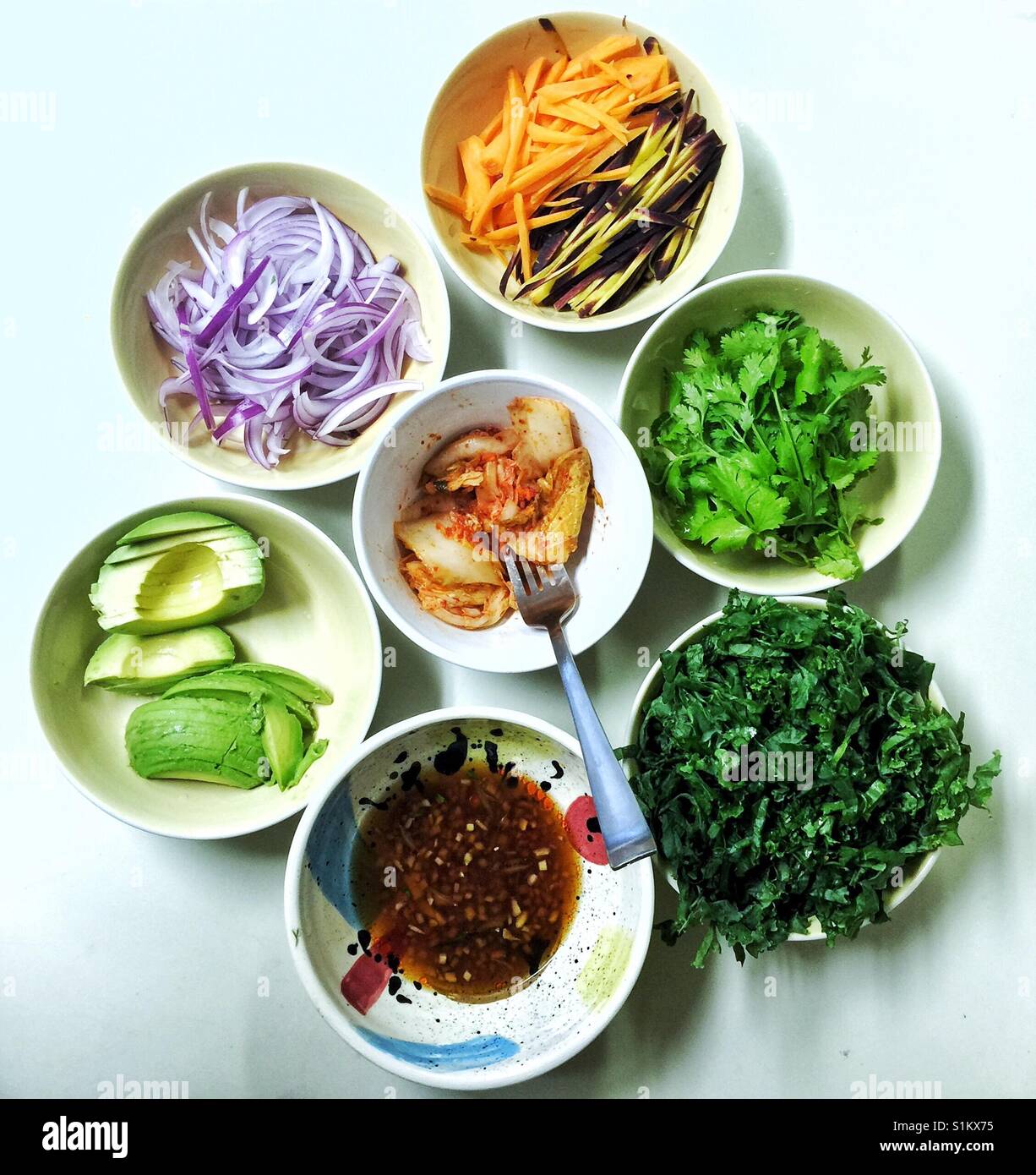 Ingredients for healthy vegan rice bowl with kimchi Stock Photo