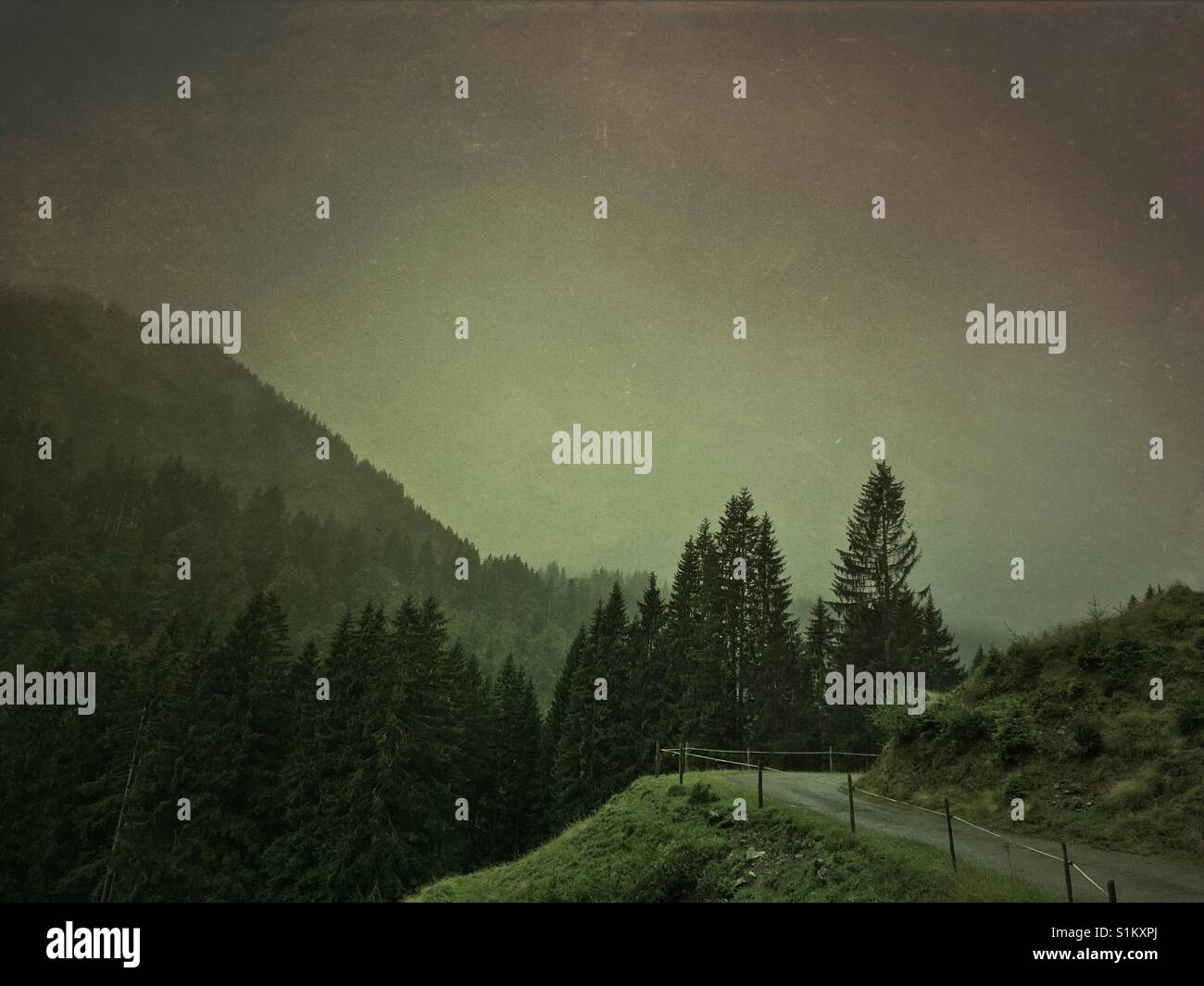 A Moody scene of a road in the German alps in the region Allgäu, Obermaiselstein, Germany - Smartphone Captured Stock Image