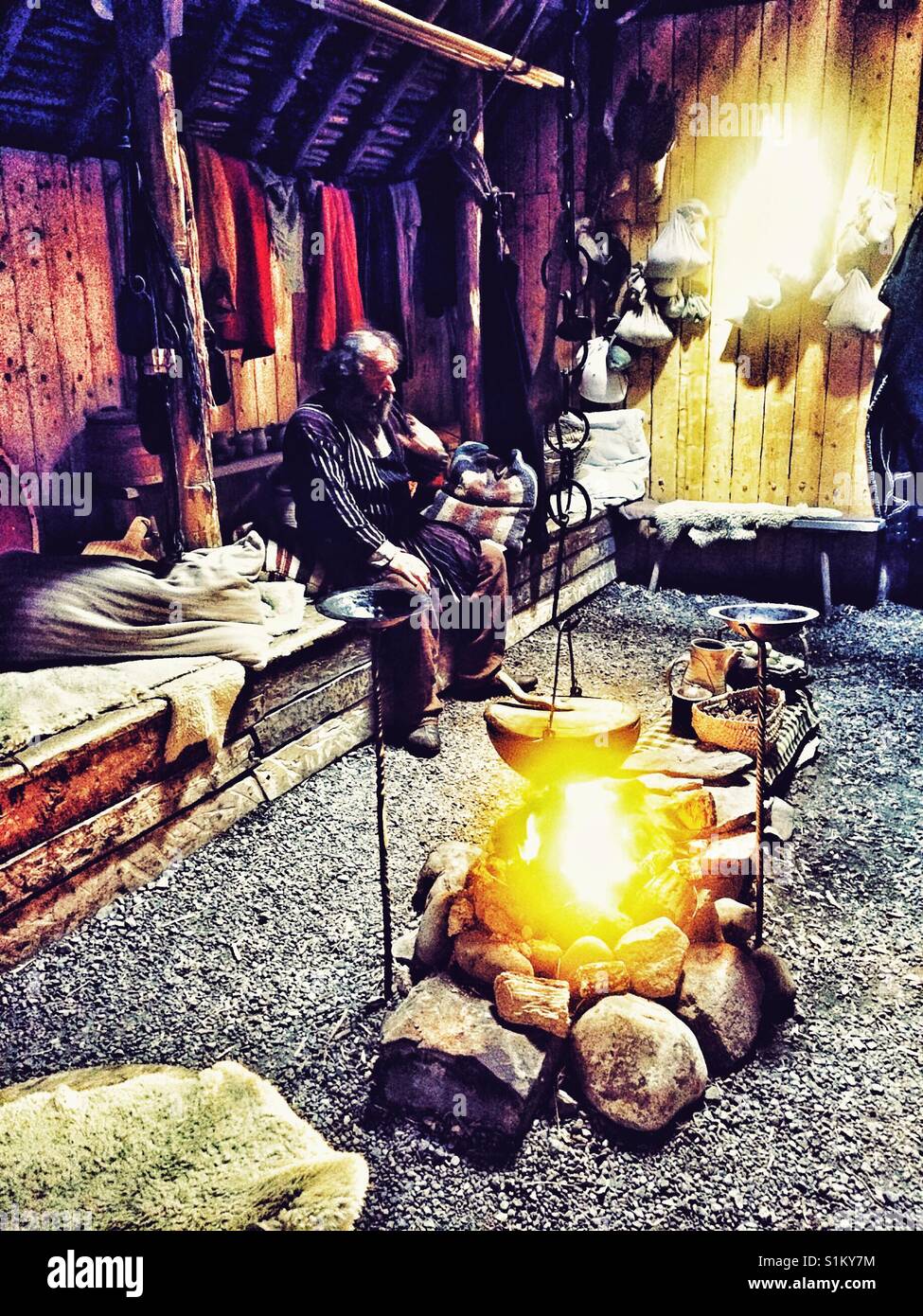 Interior of reconstructed Viking Norse sod longhouse L'Anse Aux Meadows