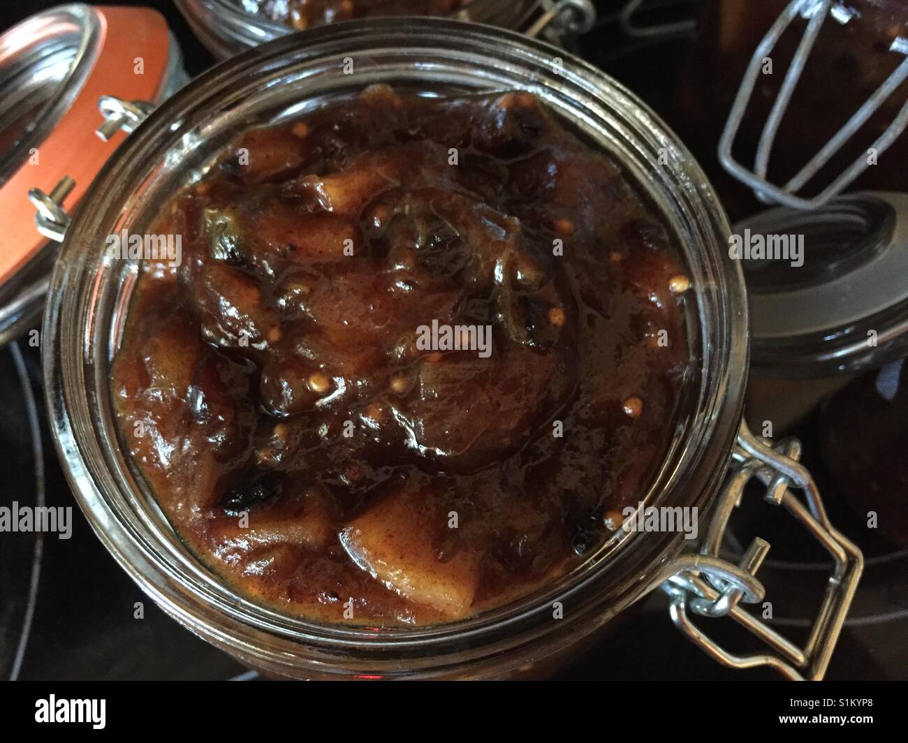Full jar of homemade chutney Stock Photo Alamy