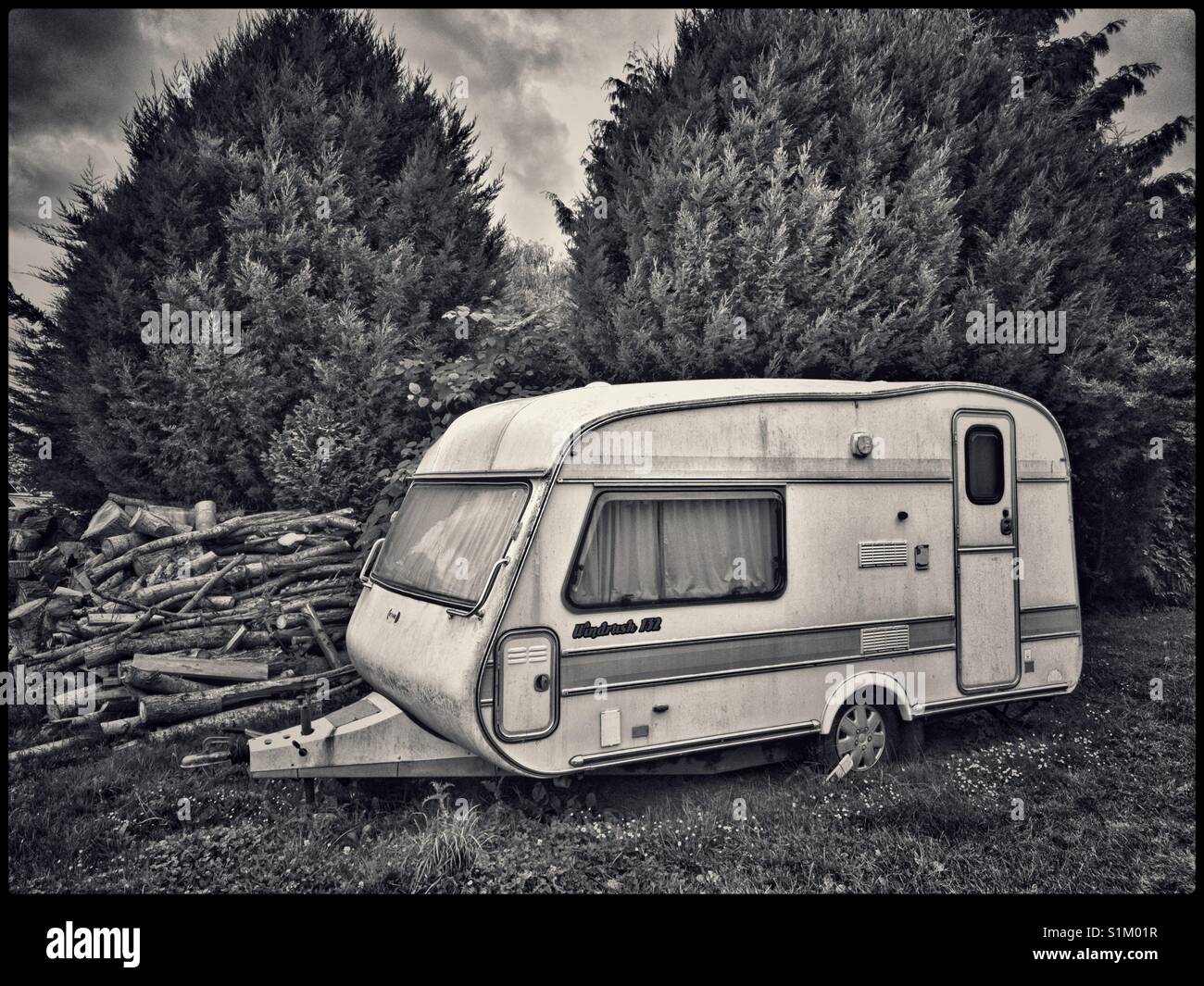 An old, abandoned caravan sits in the corner of a field, next to a pile of logs. Two large evergreen trees provide protection. Photo Credit - © COLIN HOSKINS. - Smartphone Captured Stock Image