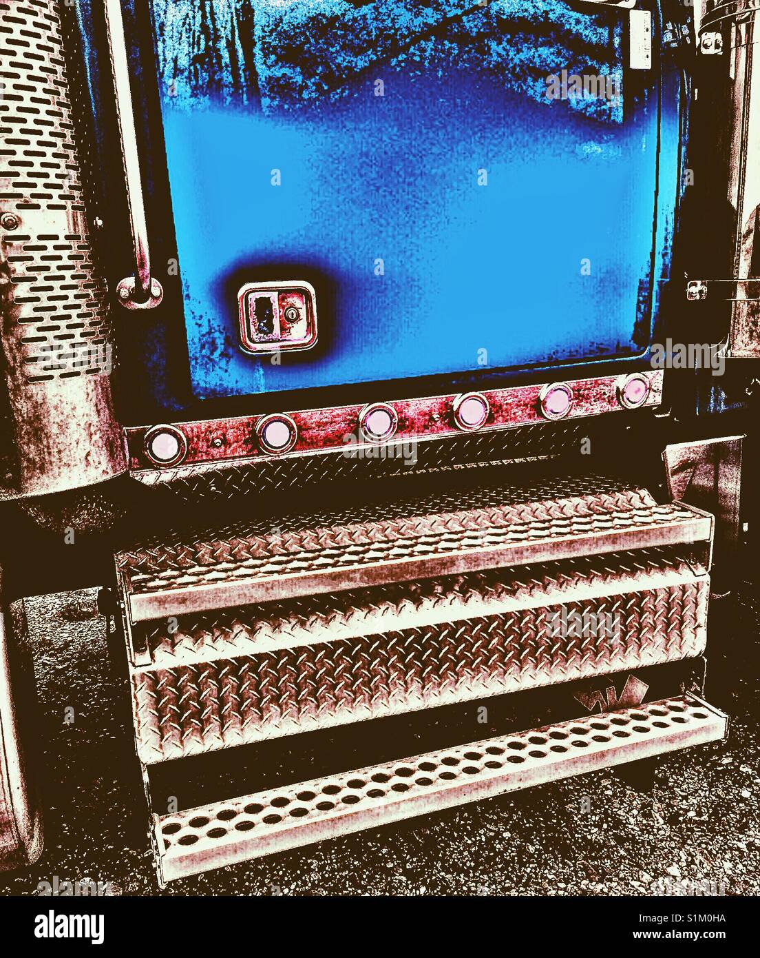 Chrome and door of blue American commercial truck - Smartphone Captured Stock Image