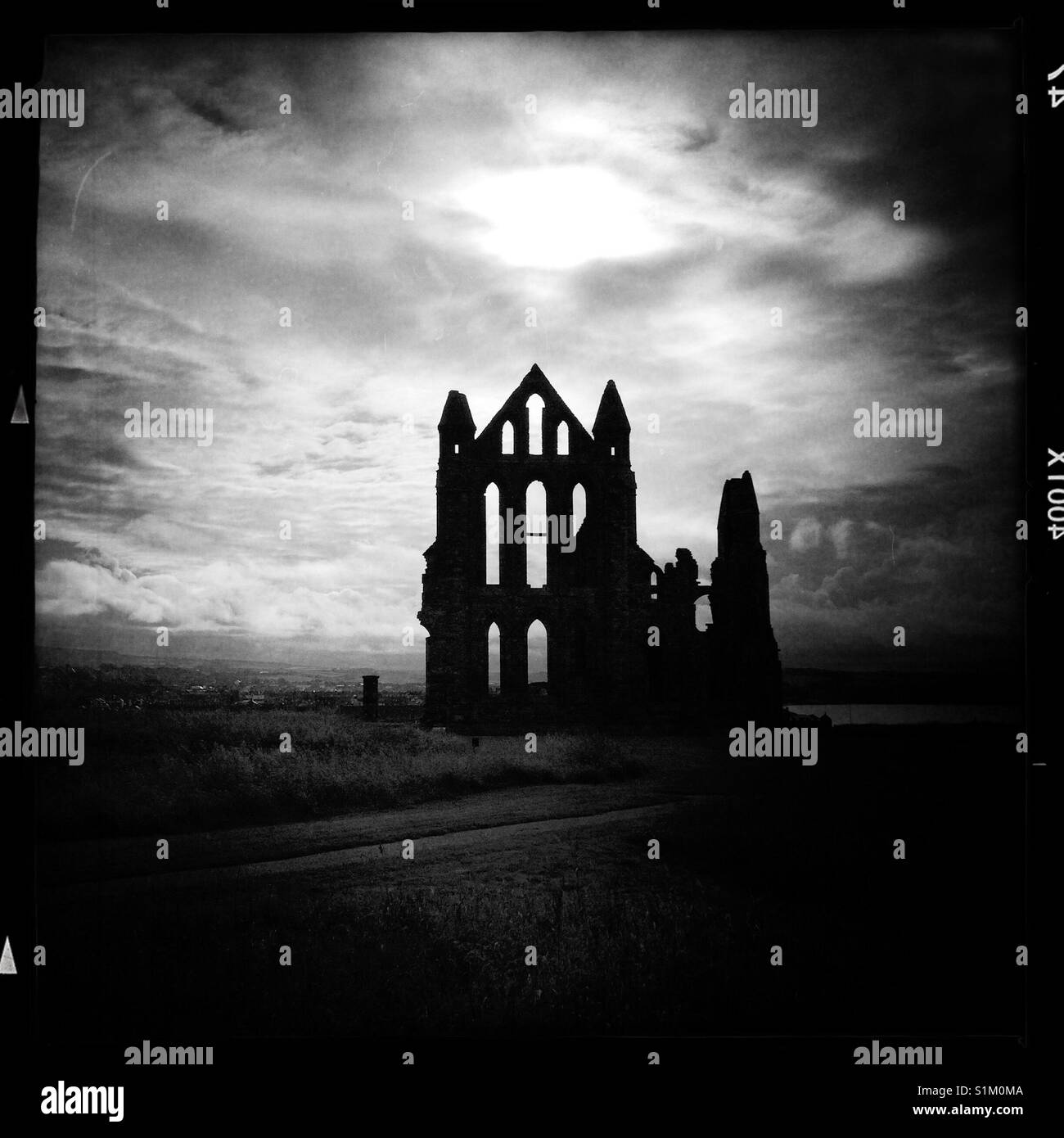 Black and white silhouette of Whitby Abbey - Smartphone Captured Stock Image