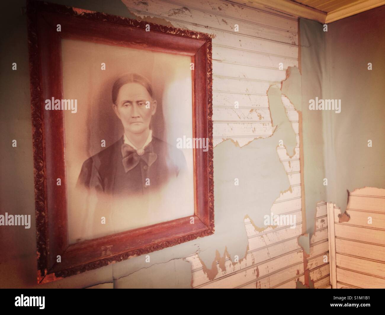 Old photograph of stern woman in wooden frame hanging on wall with peeling green wallpaper and white bead board - Smartphone Captured Stock Image