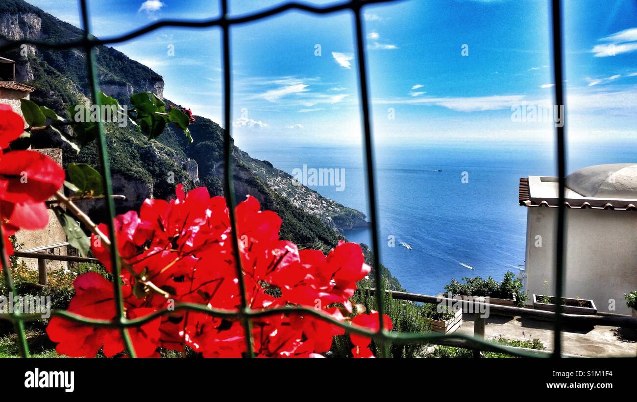 Amalfi Coast view through a fence. Stock Photo