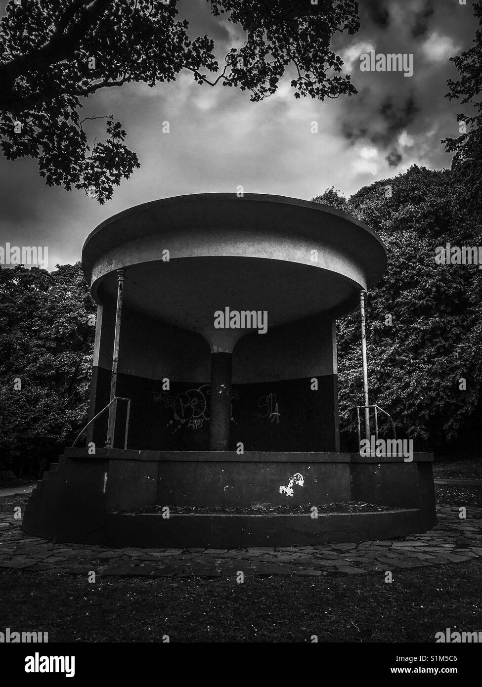 Moody black and white image of bandstand in castle park Whitehaven Cumbria - Smartphone Captured Stock Image