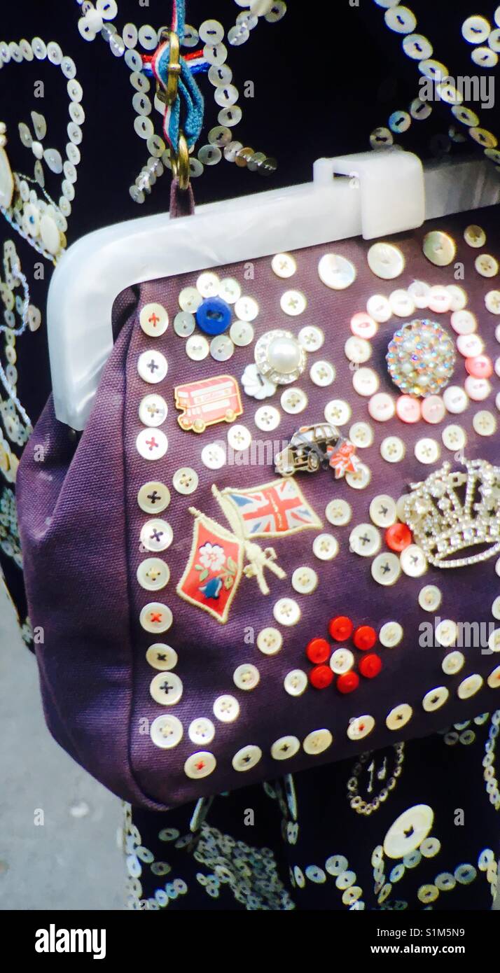 Pearly queen handbag at Cockney celebration in London celebrating Costermongers Stock Photo