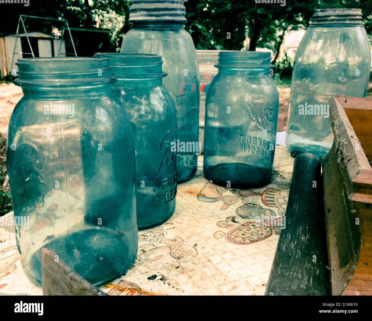 Quart and 2 quart vintage aqua canning jars Stock Photo Alamy