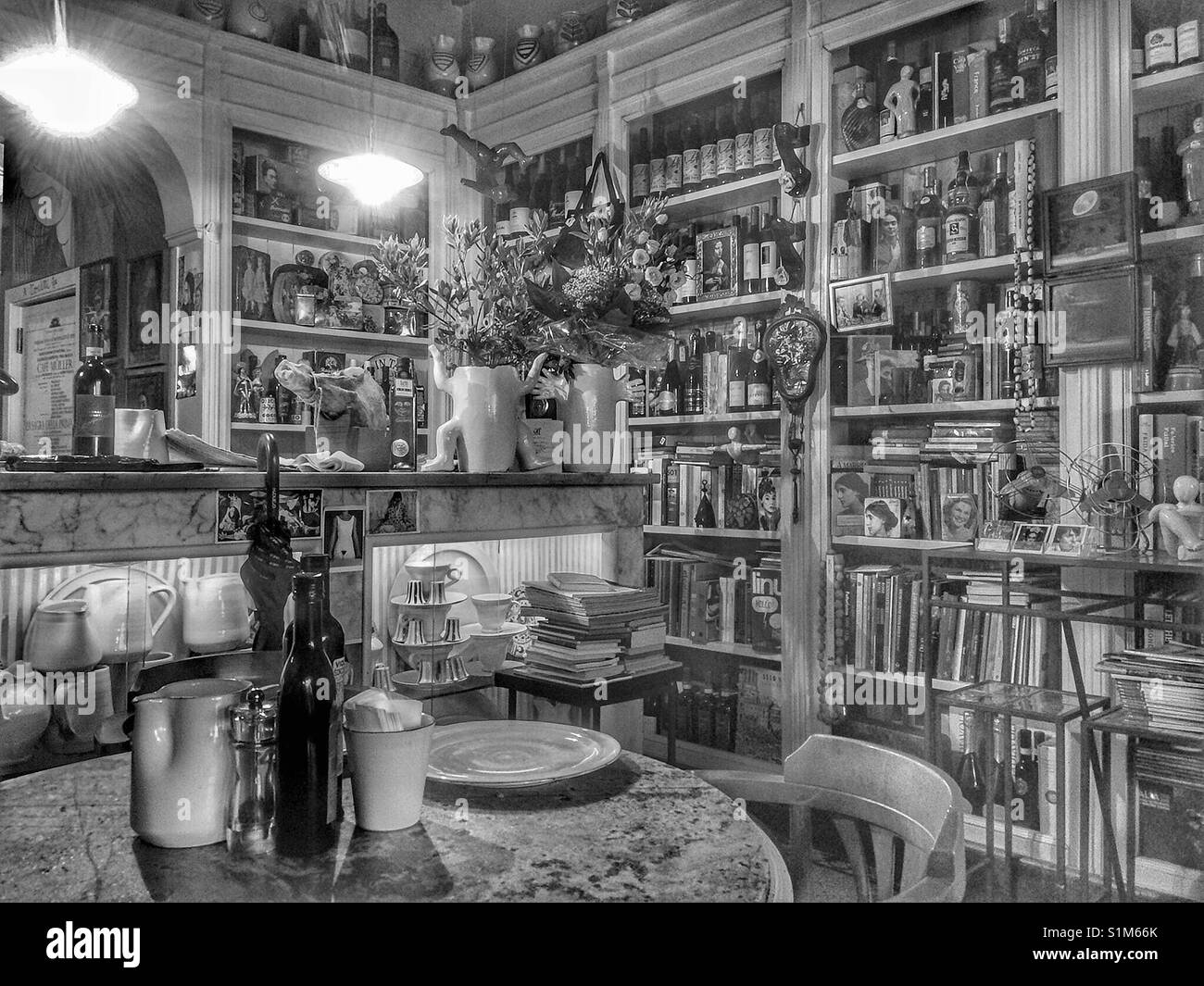 Black and white of a quaint Italian restaurant in Umbria, Italy. Stock Photo