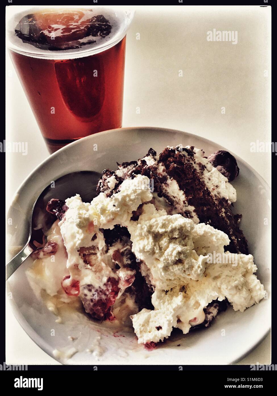 Black Forest Gateaux, Trifle and a pint of Bitter. Stock Photo