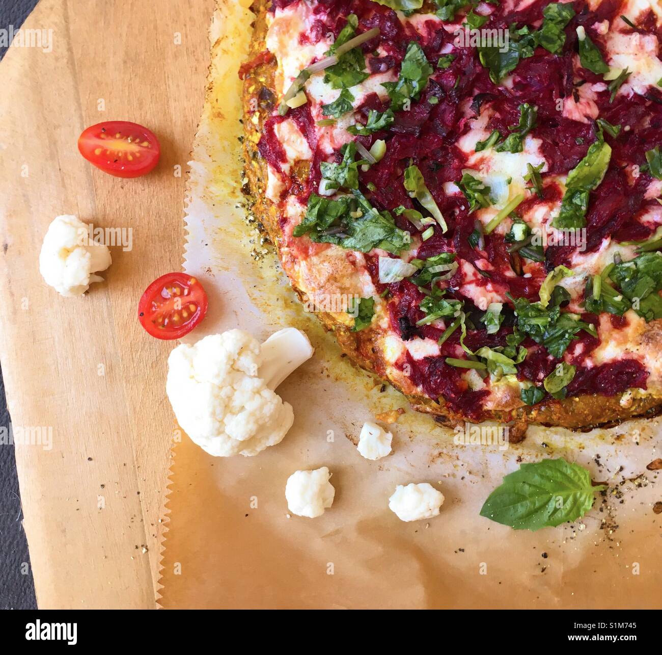 Cauliflower pizza fresh out of the oven Stock Photo