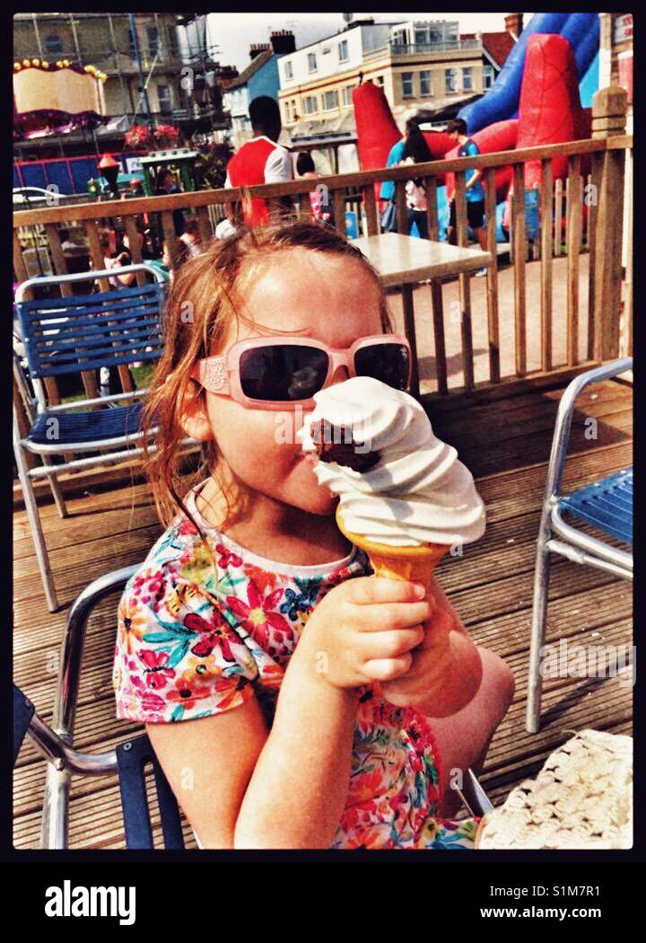 Girl With The Biggest Ice Cream Ever Stock Photo Alamy