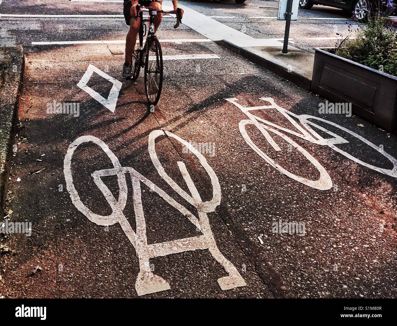 Cycle path adjacent to road with large bicycle symbols and warning