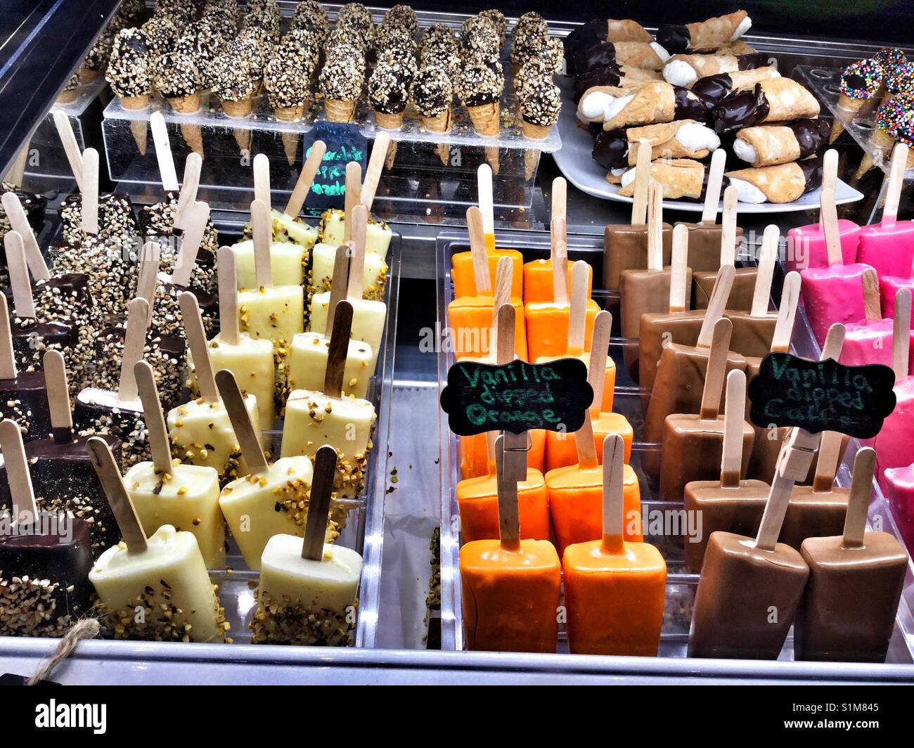 Colourful selection of ice cream popsicles. Stock Photo