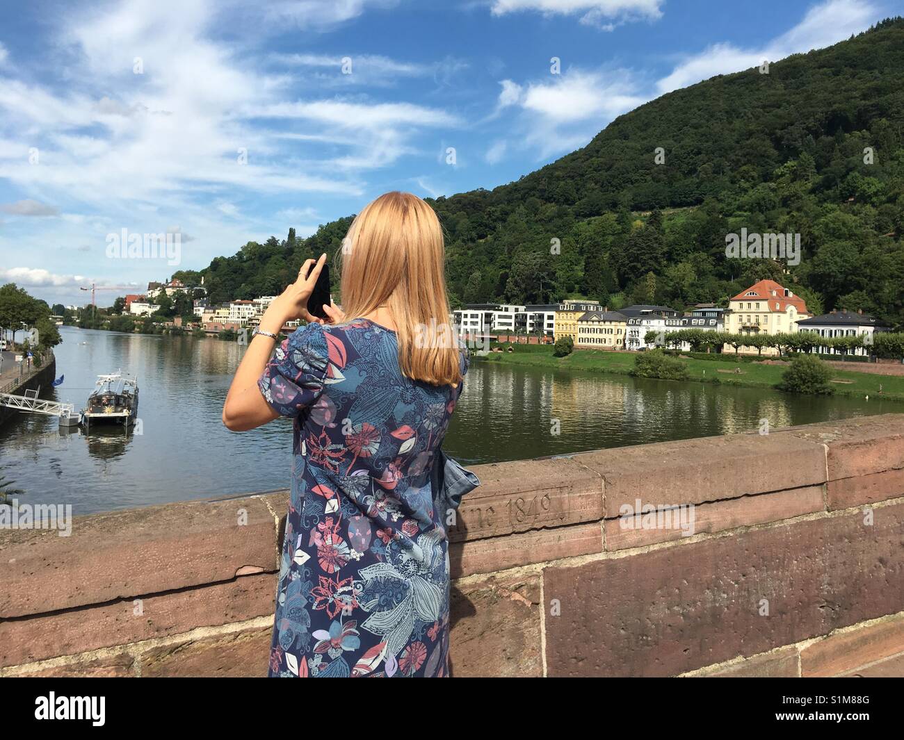 Taking photos from Heidelberg old bridge - Smartphone Captured Stock Image