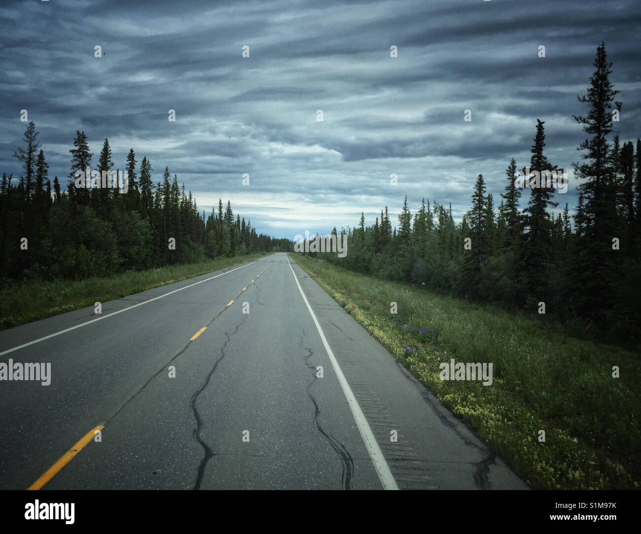 Straight road  with vanishing point leading into remote wildness of the Alaska interior on cloudy day. Stock Photo