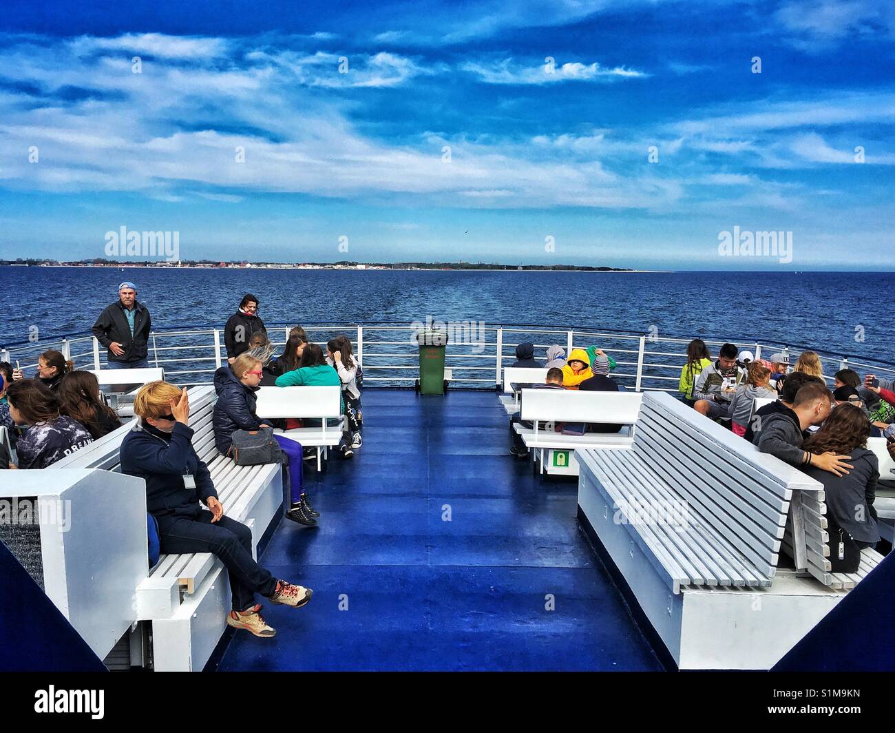 Passengers on a ferry boat connected Hel village on a Hel Peninsula and Gdynia city in Poland Stock Photo
