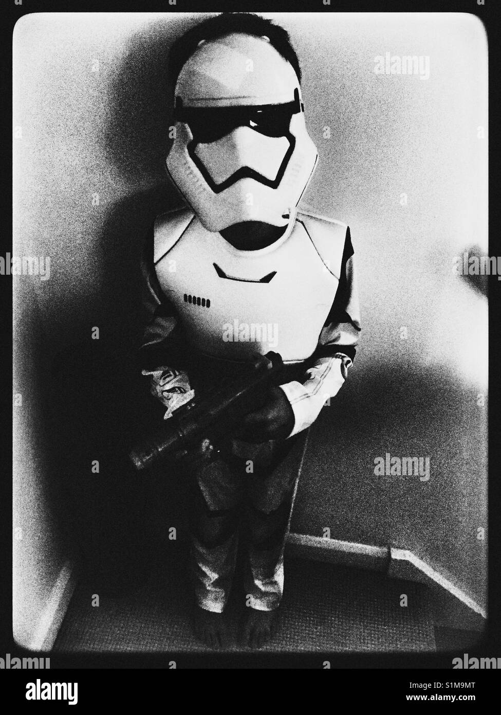 6 year old Boy cosplay as a Star Wars First Order Stormtrooper. Stock Photo