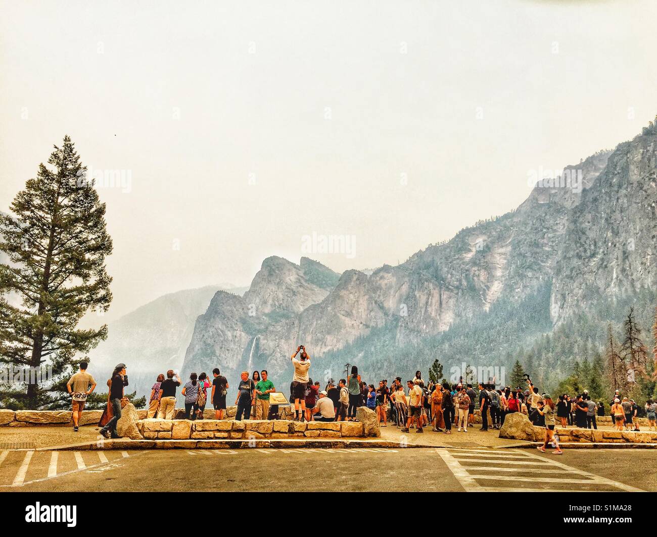 People enjoy majestic view of scenic Yosemite valley from look out.  Yosemite National Park, California, America Stock Photo
